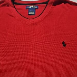 Polo by Ralph Lauren Red/black Thermal-Knit Sleep Shirt V-Neck